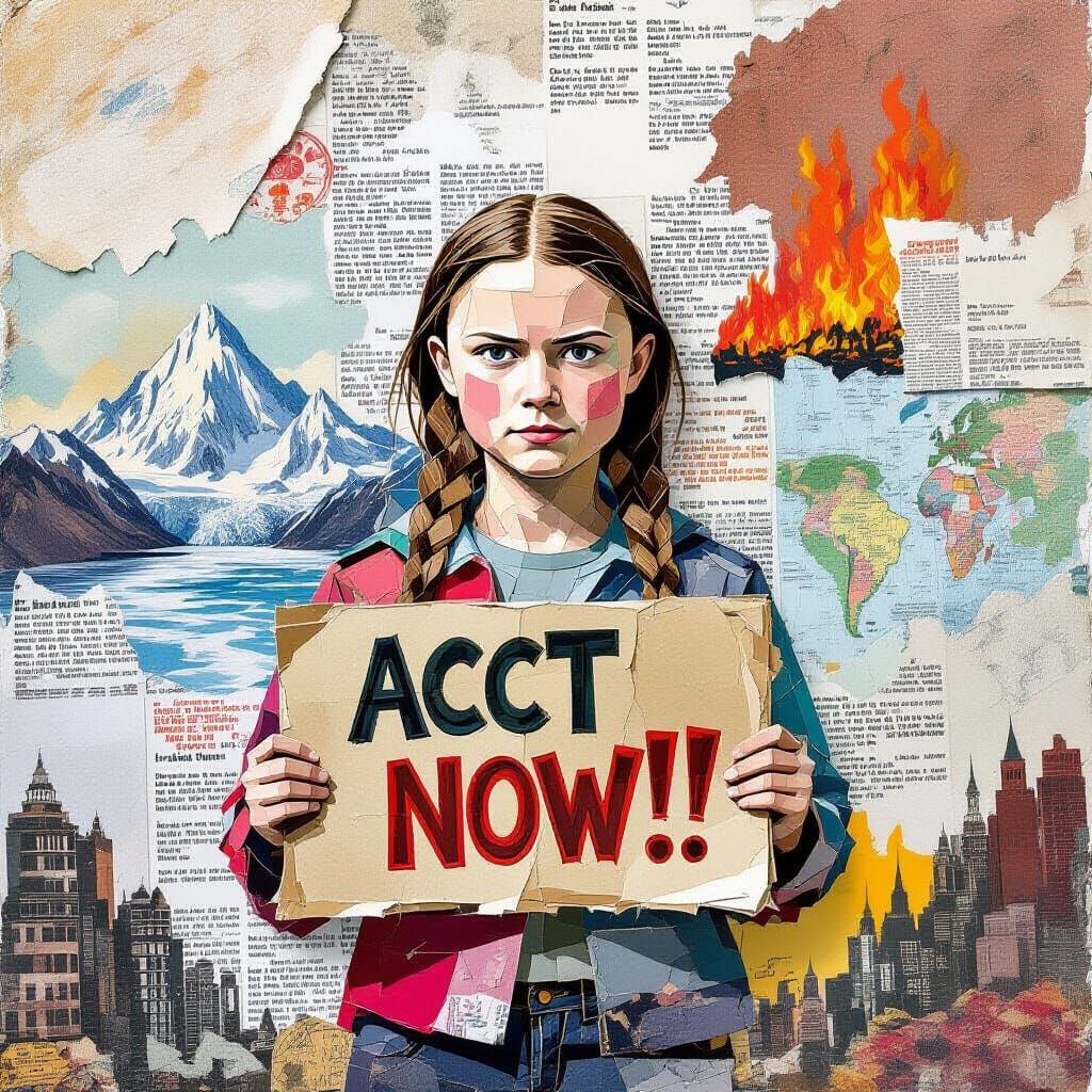 Greta Thunberg in Paper Collage Art Style