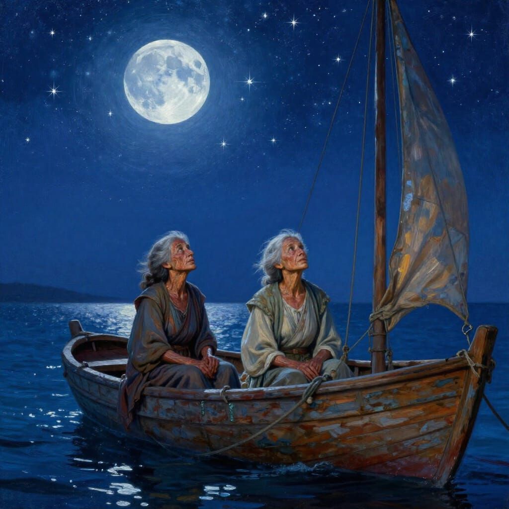 Ancient Women Sail Under Starry Sky and Blue Moon