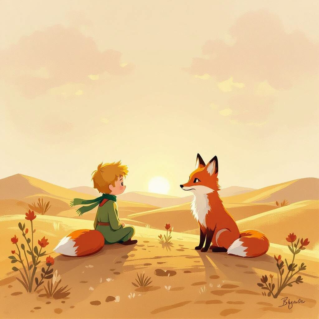 Little Prince and Fox in Desert Sunset Pastel Illustration