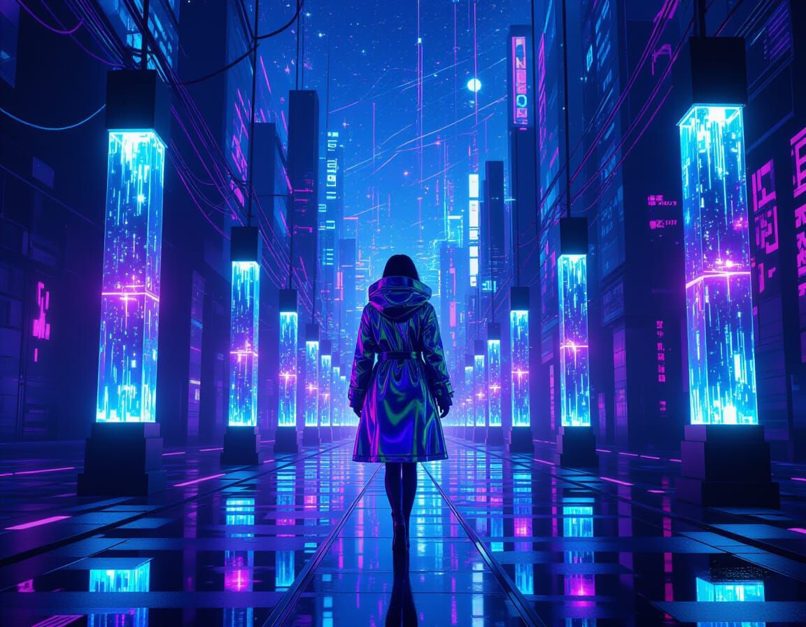 Woman in Holographic Coat Walking in Cyberpunk City