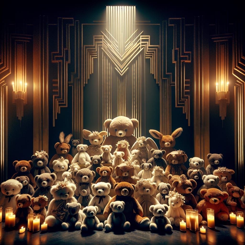 Art Deco Stuffed Animals in Dramatic Candlelight