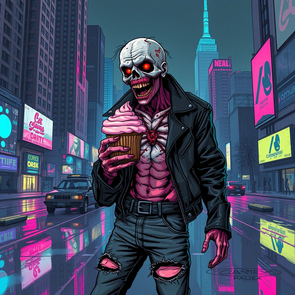 Cyberpunk Zombie with Cupcake in Dystopian Cityscape