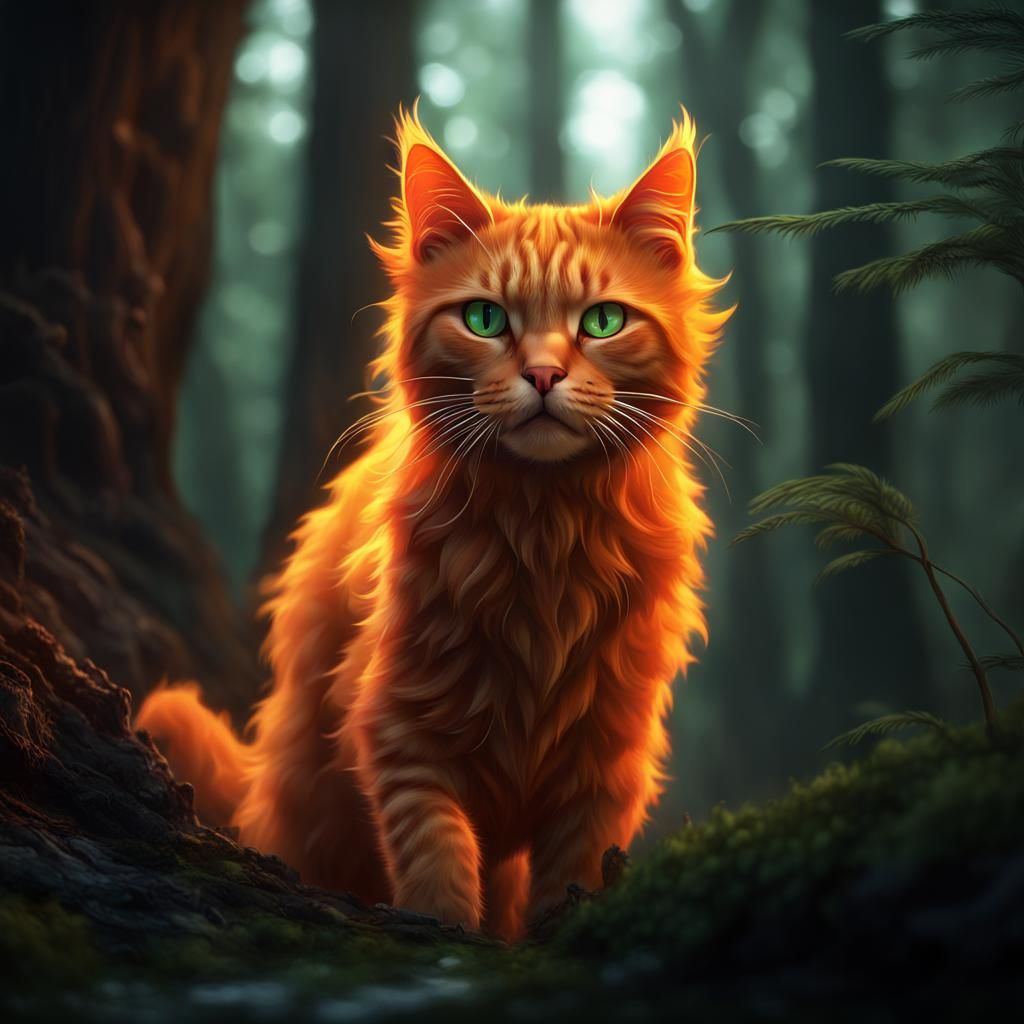 Fiery Feline: Orange Cat in Forest Flames