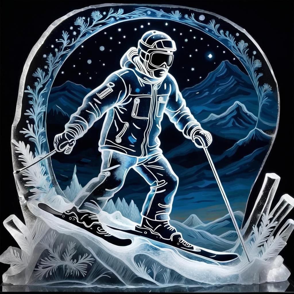 Ice Skier Sculpture Under Starry Night Sky