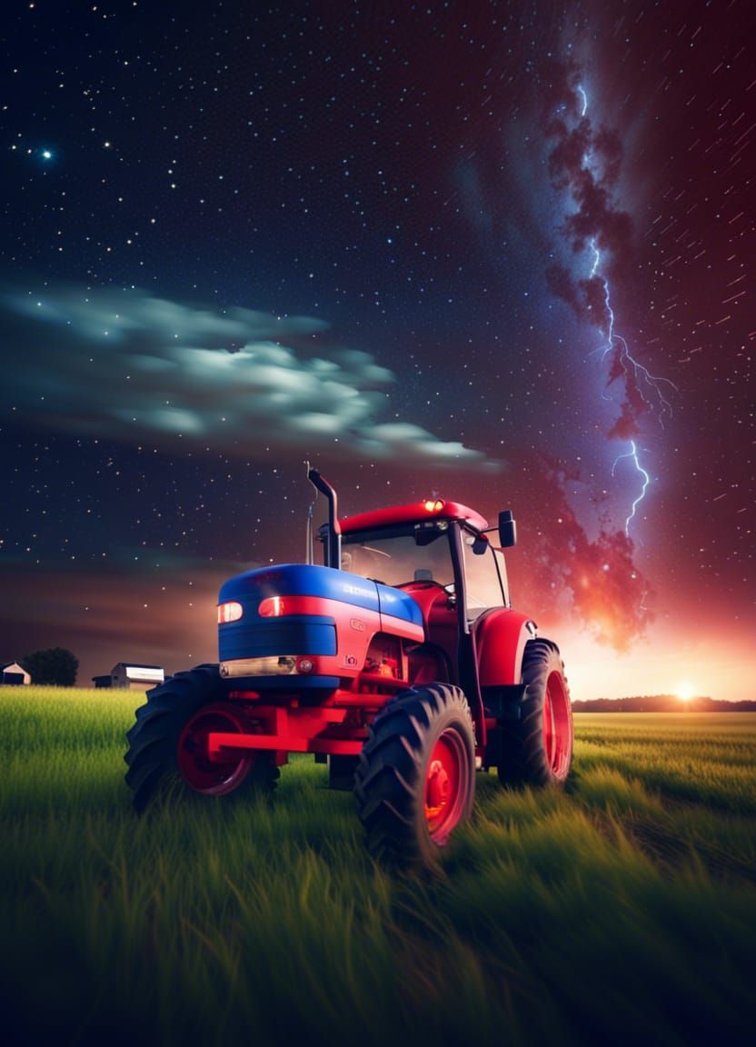 Starry Sky with Lightning Over Farm in 4K
