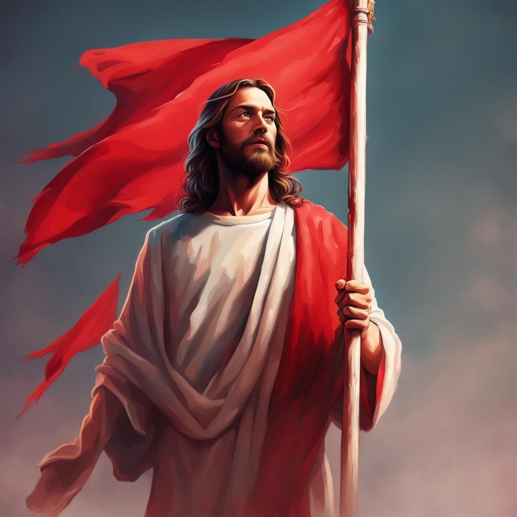 Jesus Holding Red Flag: Hyperrealistic Splash Art