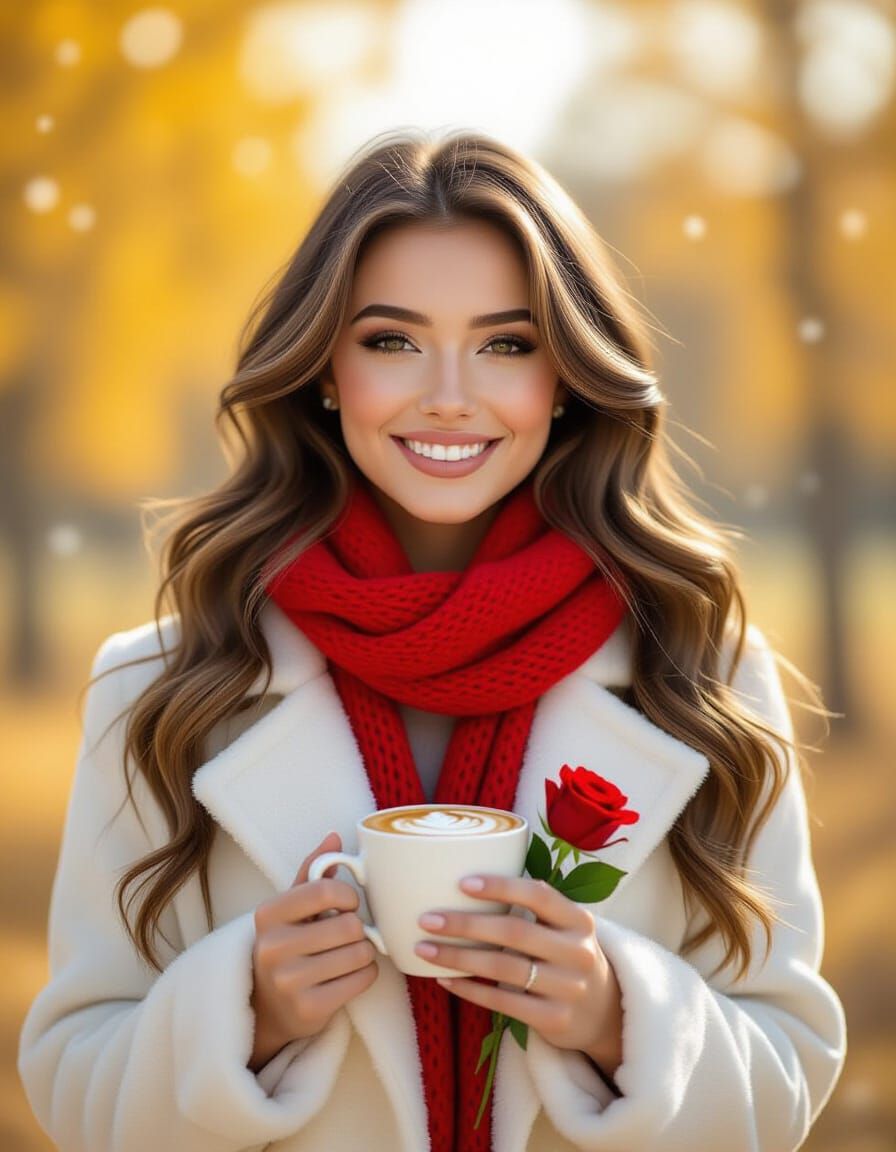 Joyful Woman in Autumn Forest with Red Rose