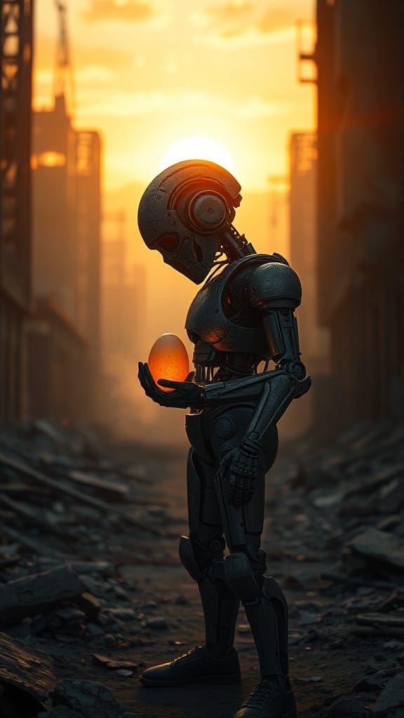 Weathered Robot Holds Glowing Egg in Post-Apocalyptic City