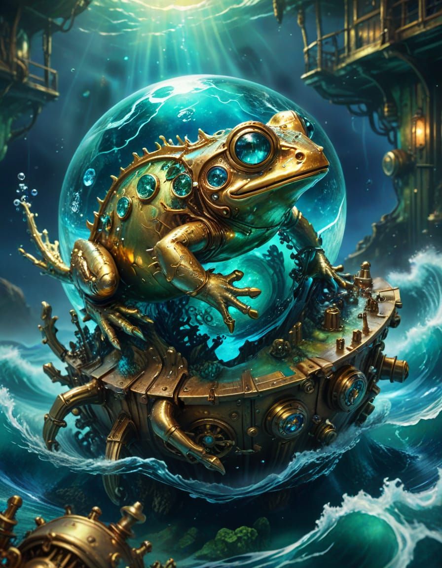 Golden Crystal Clockwork Steampunk Amphibian in Vibrant Ocea...
