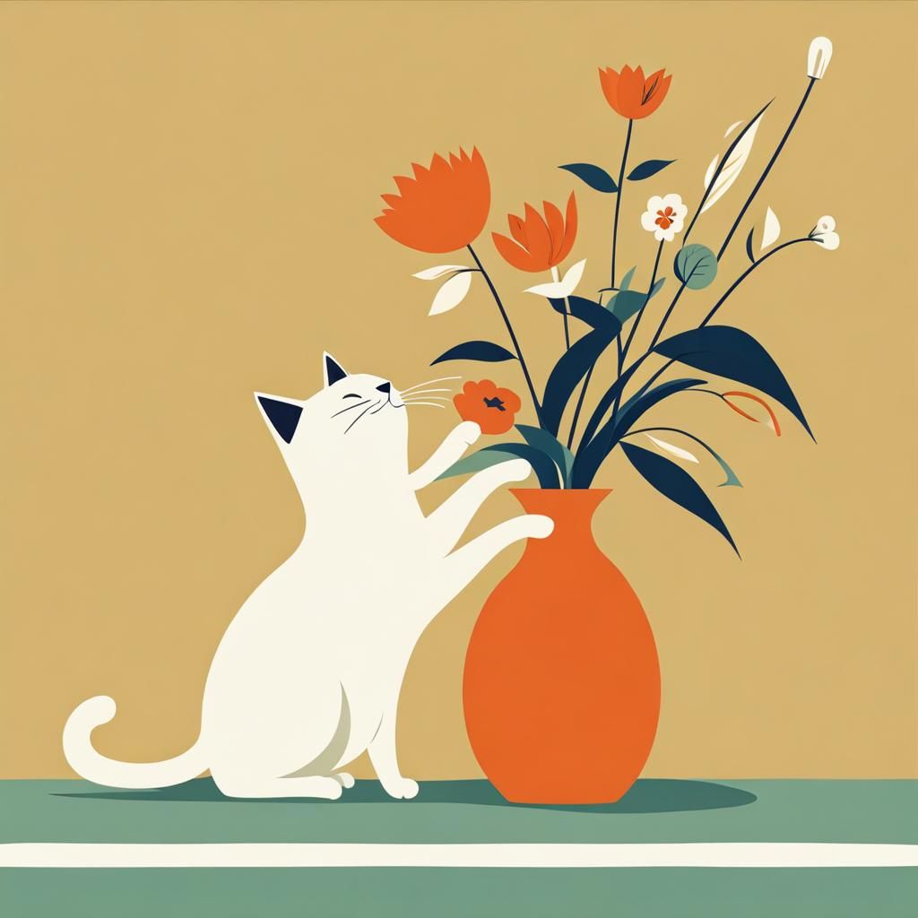 Funny Mid-Century Cat Illustration Knocking Over Vase