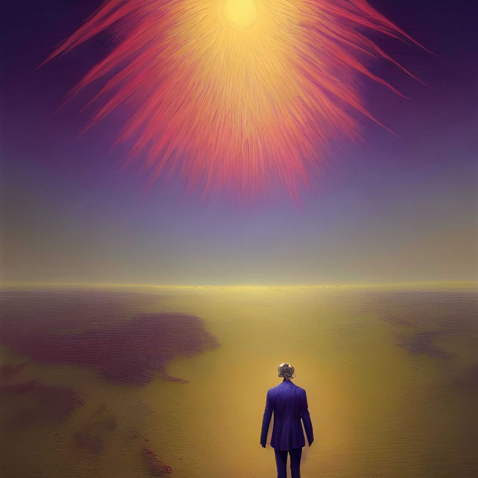 Surreal Figure Amidst Fiery Sky, Detailed Digital Art
