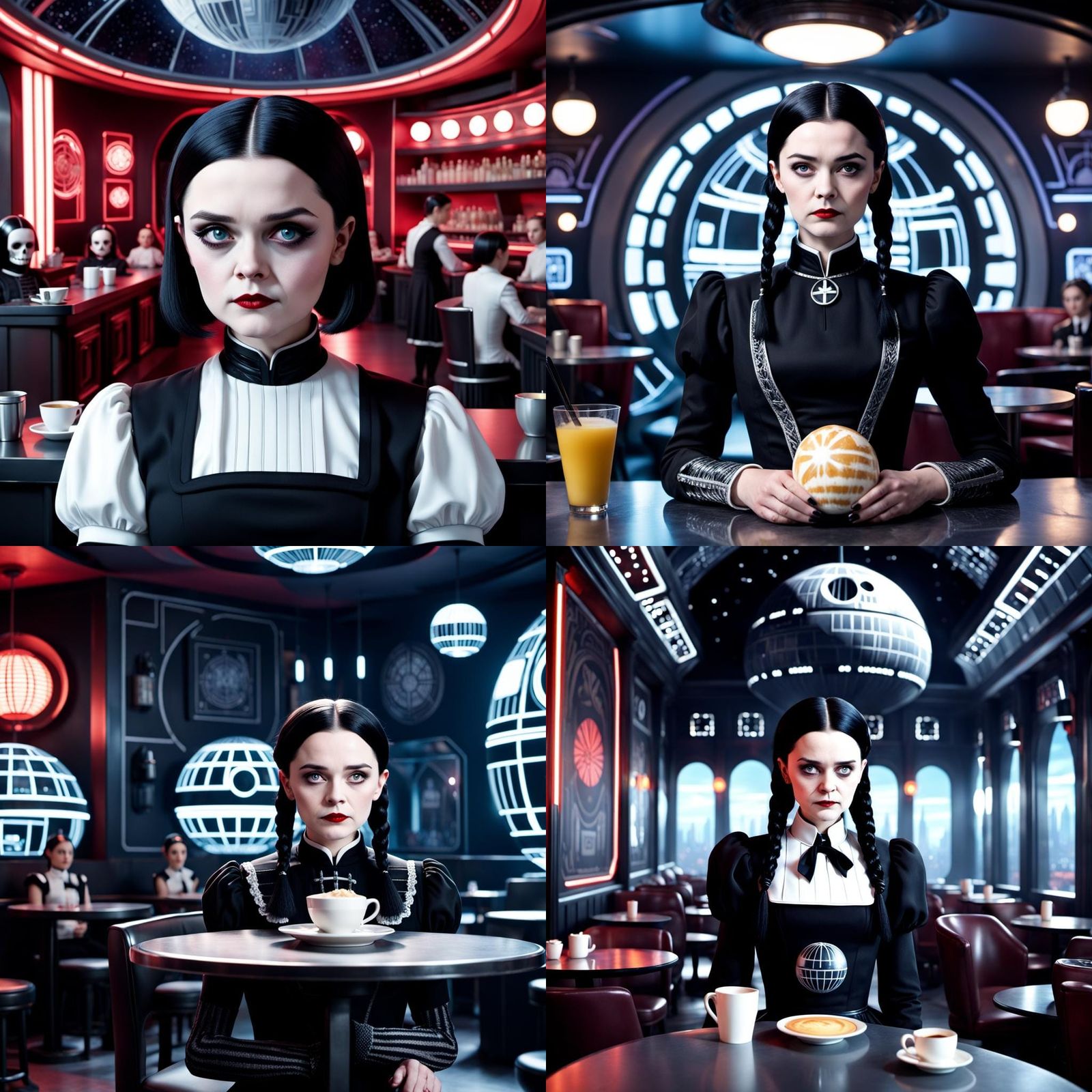 Wednesday Addams as Galactic Emperor in Futuristic Cafe