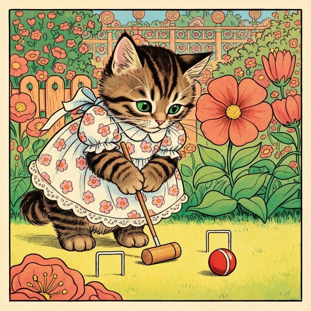Kitten Playing Croquet in Tenniel Style