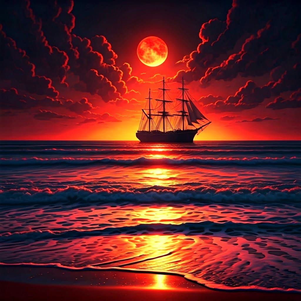 Stunning Black and Red Climate Ship on a Golden Ocean