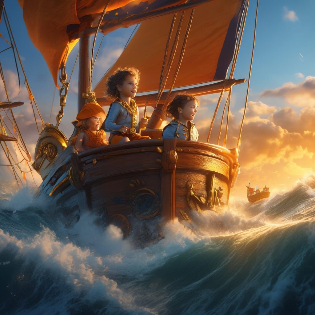 Childhood Adventure Sailing Ship in Vibrant Oceanic Paradise