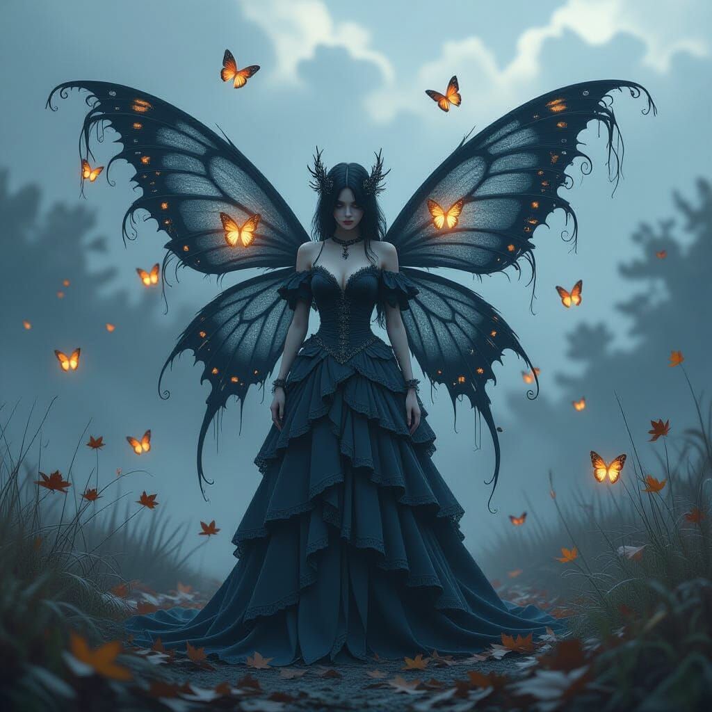 Ethereal Dark Fairy in Gothic Dress with Decaying Wings