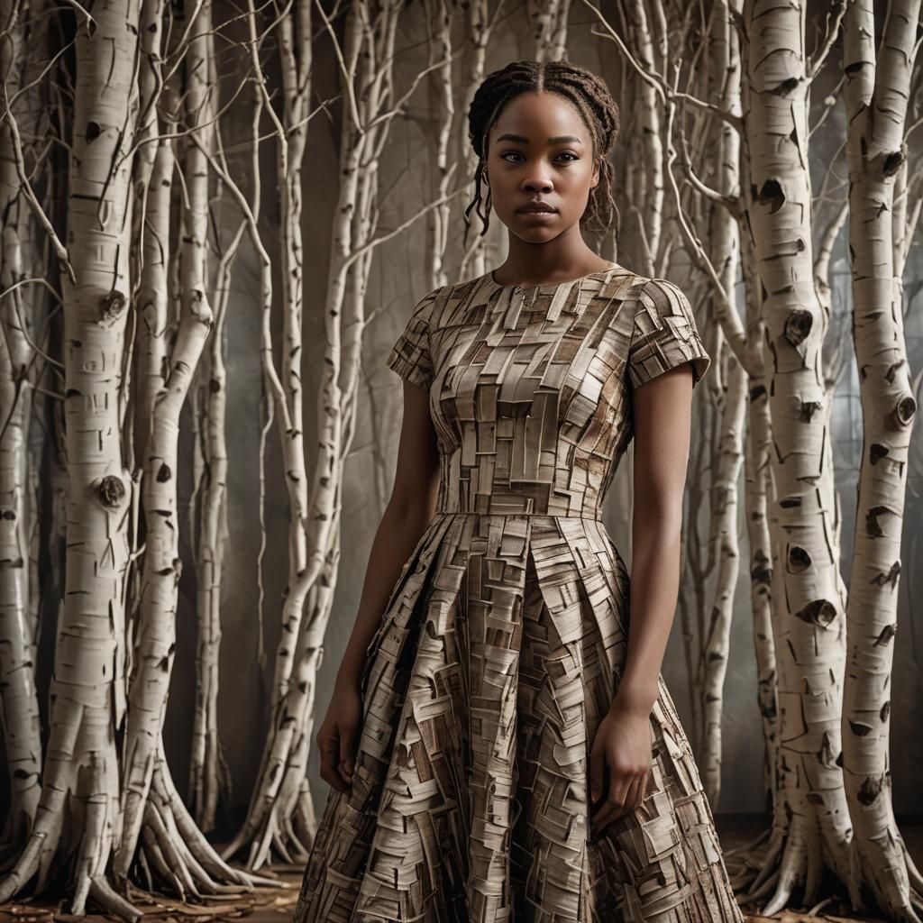 Woman in Birch Bark Dress in Ballroom