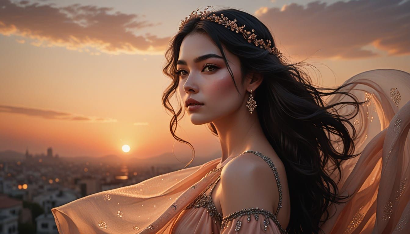 Stunning Woman with Porcelain Skin in Sunset Light