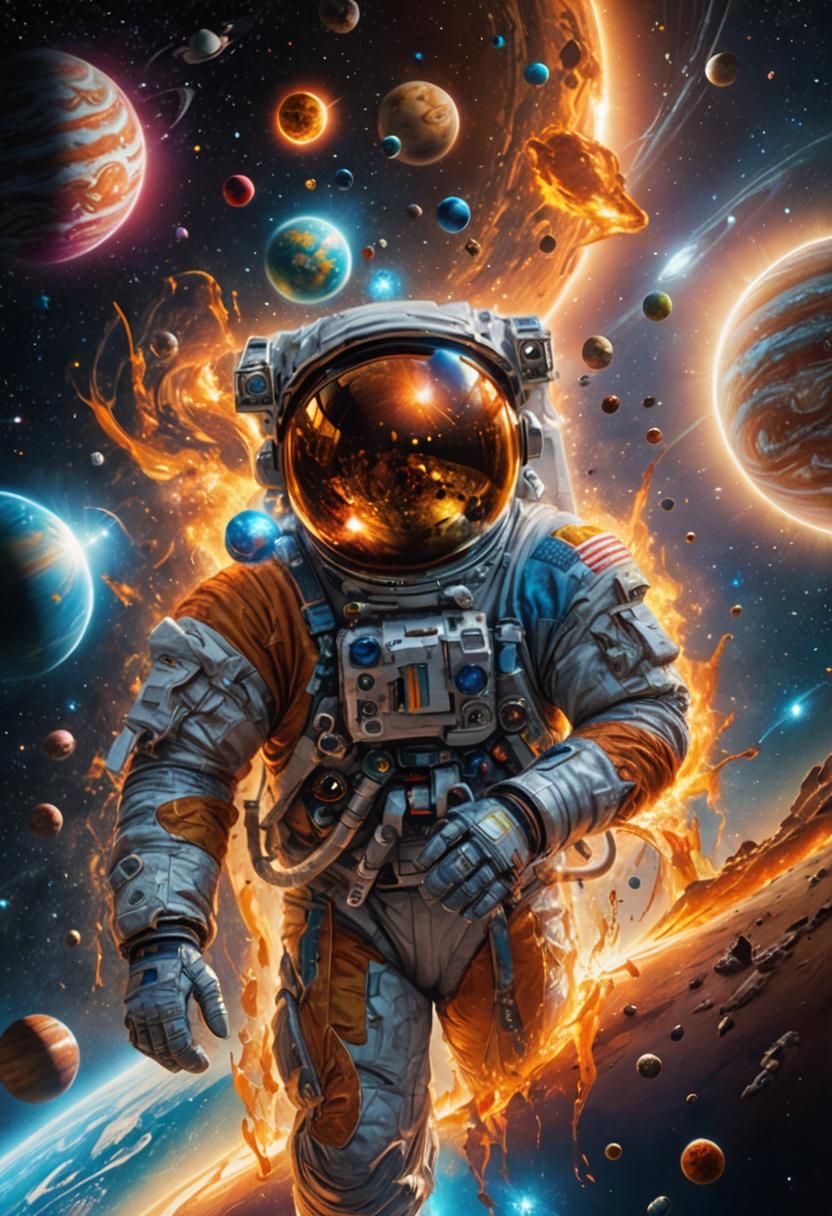 Astronaut Adrift Near Blazing Sun: Digital Art