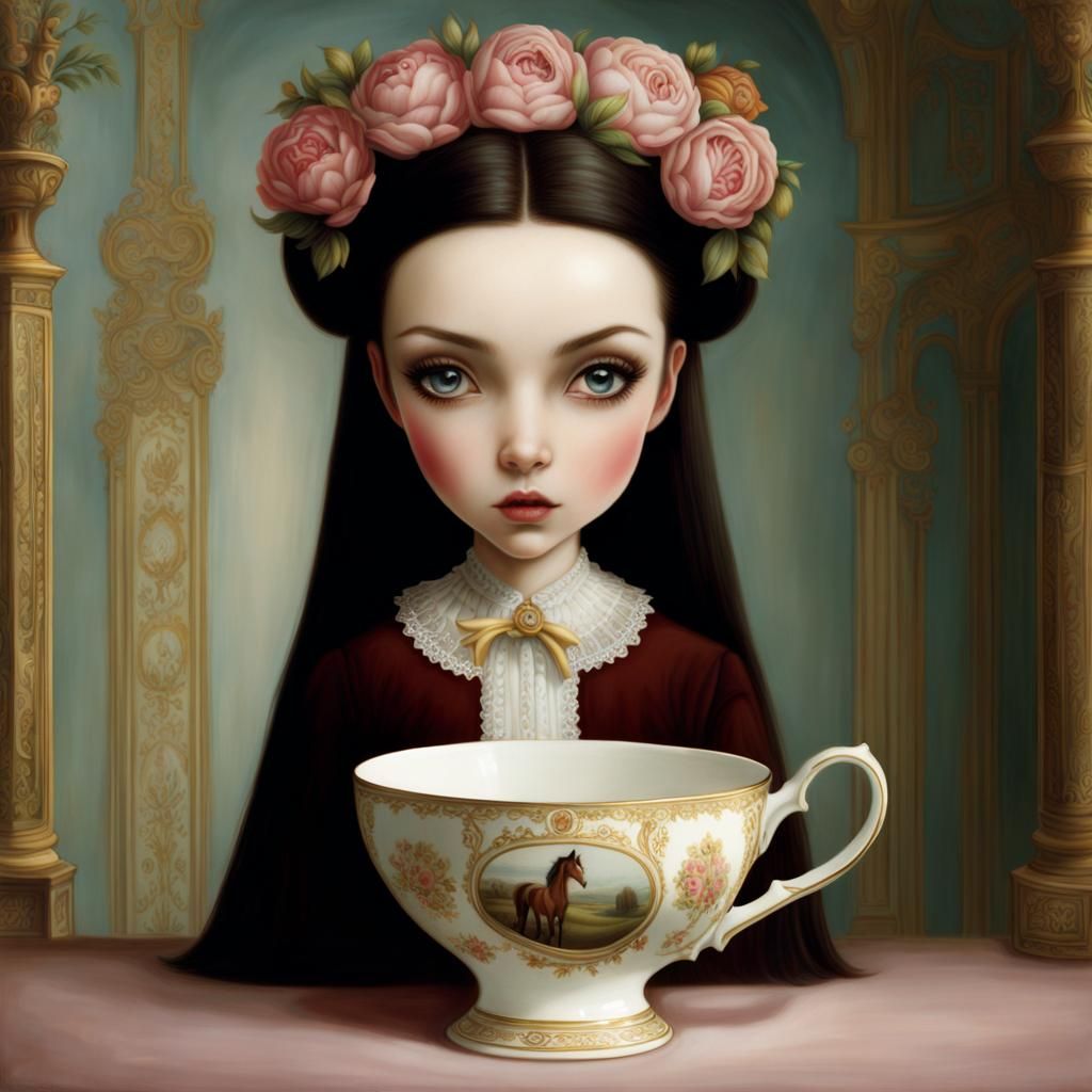 Woman in Horse Teacup, Surreal Western Art