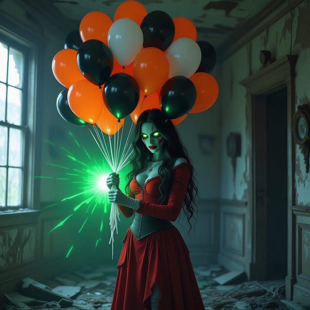 Zombie Scarlet Witch Holding Balloons in Dark House
