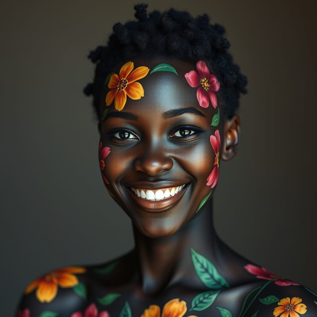 Dark Skinned Beauty Adorned with Intricate Floral Patterns i...