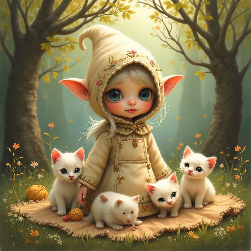 Whimsical Elf Maiden Surrounded by Kittens in a Forest Glade
