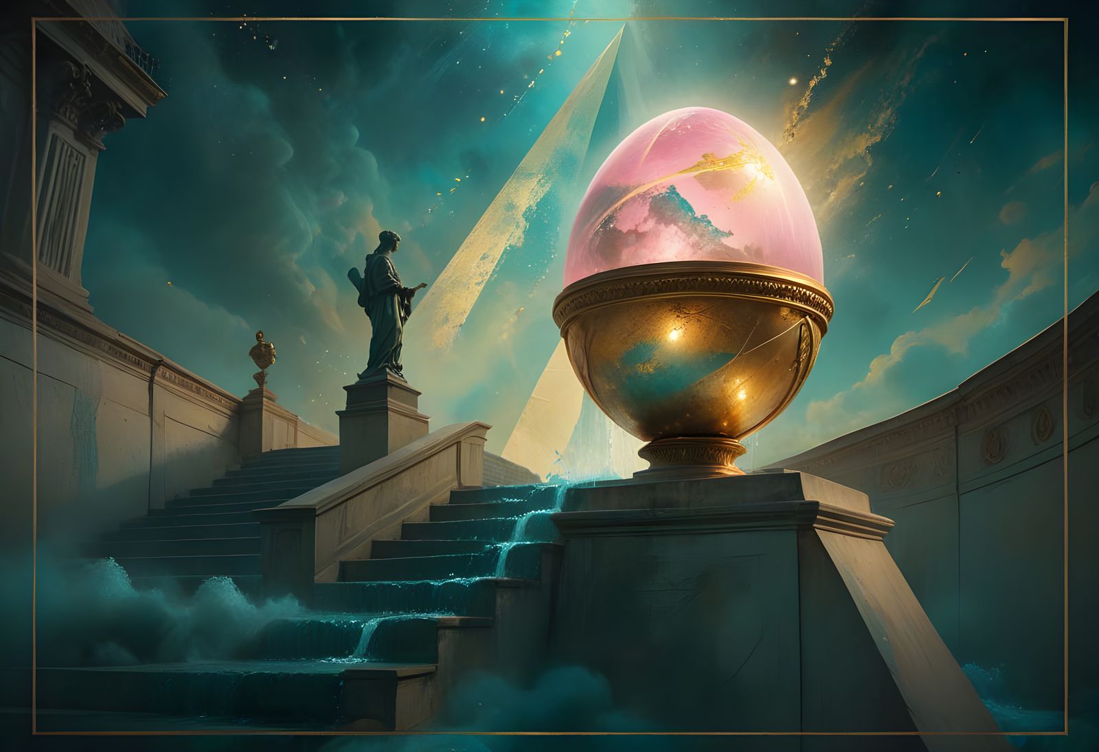 Cosmic Egg Fountain in Shadow-Light, Diluted Ink Art