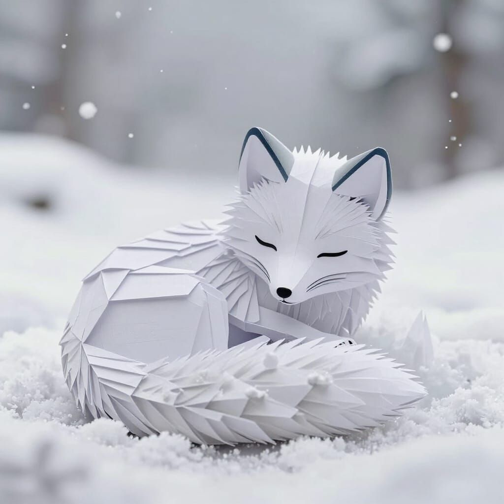 Arctic Fox Sleeping in Snowdrift, Impressionistic Style