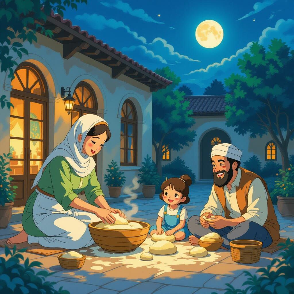 Moonlit Baking Brigade in Ghibli-Style Tunisian Courtyard