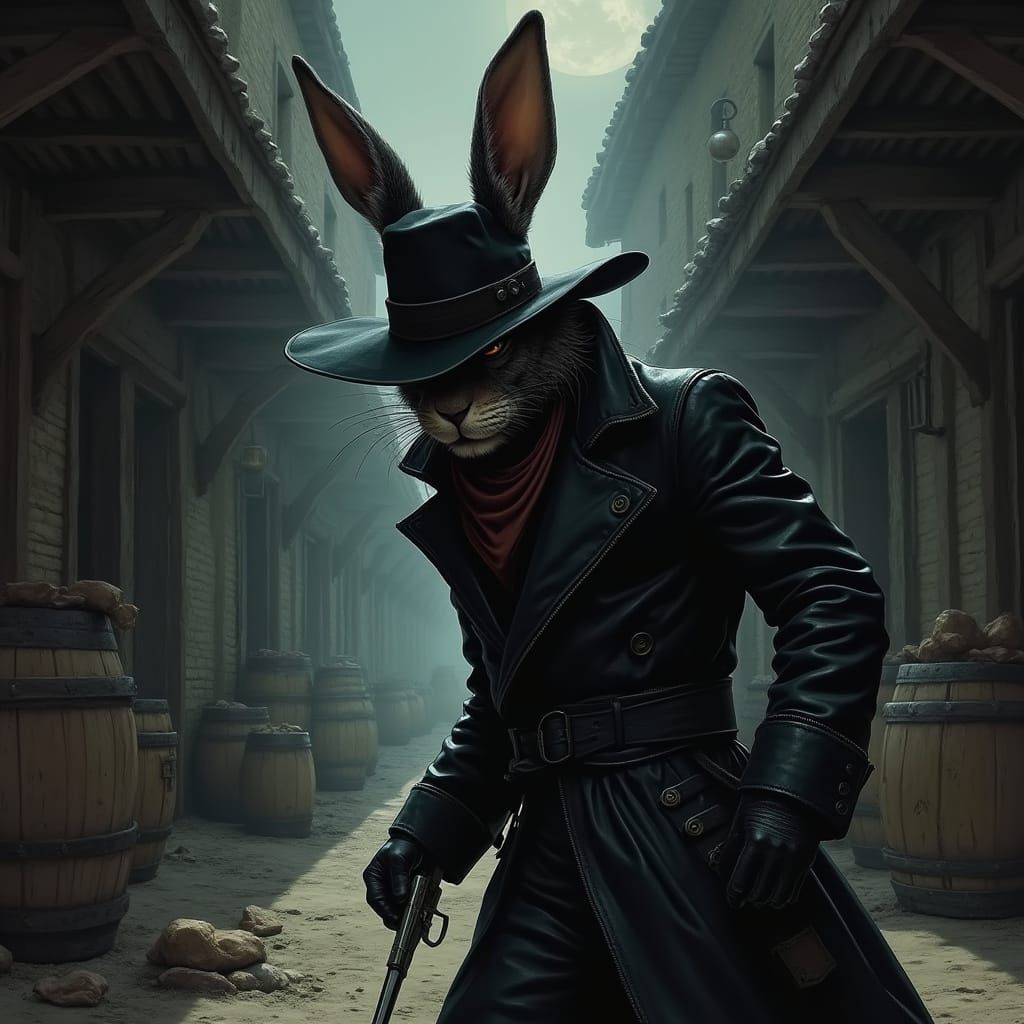 Gritty Noir Bunny Bandit in Old West Alleyway