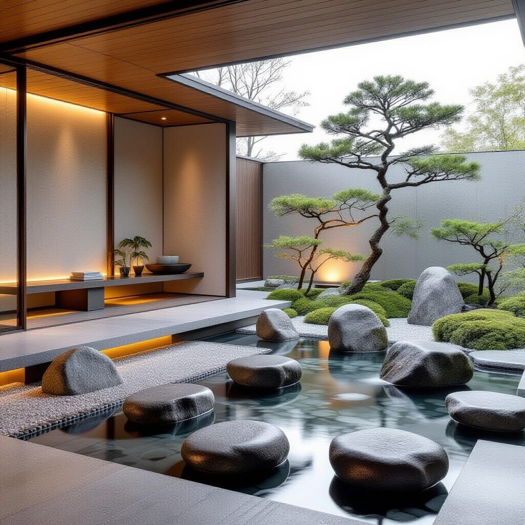 Zen Garden Sanctuary: Stones, Water, and Soft Light