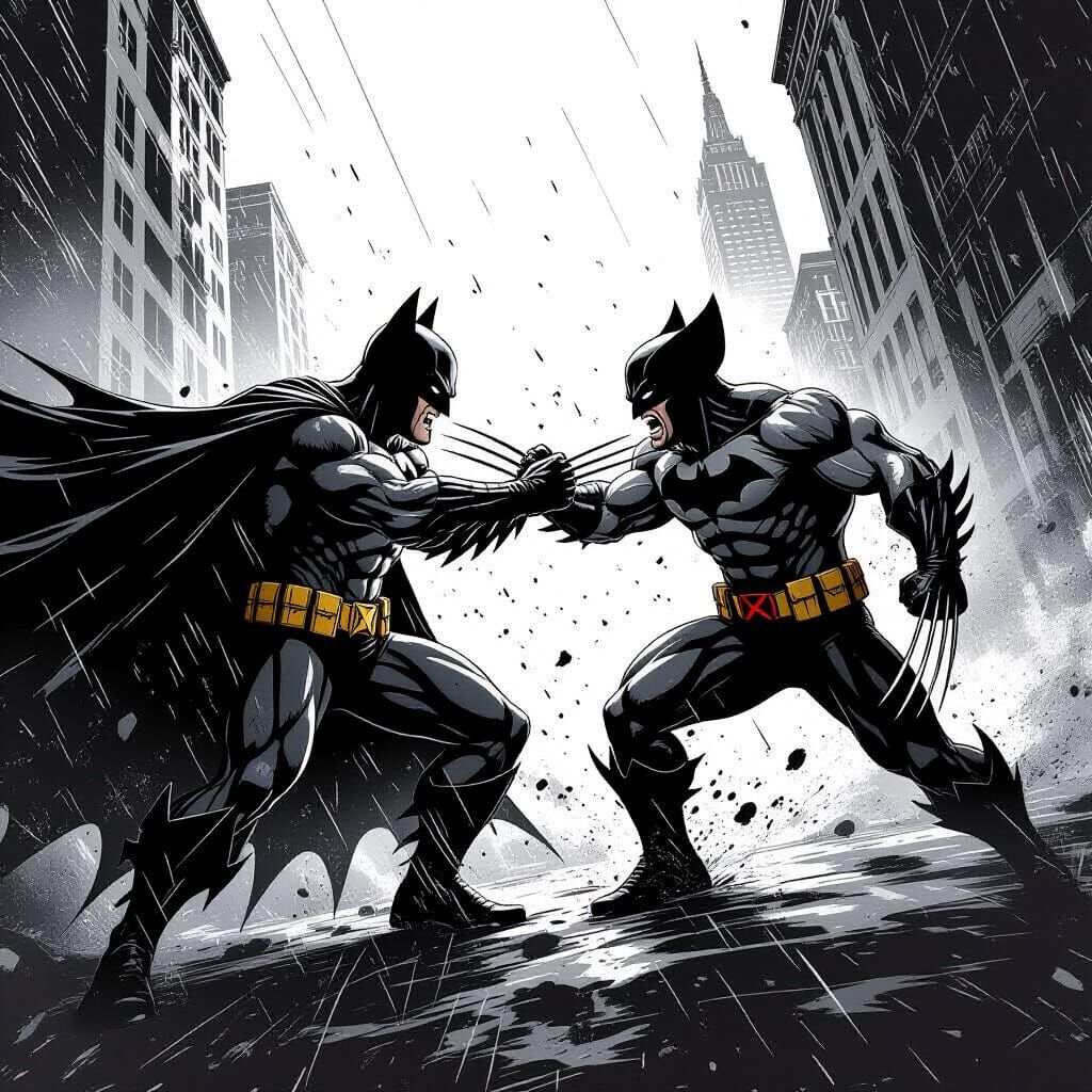 Batman vs Wolverine Dynamic Fight Black Metal Art