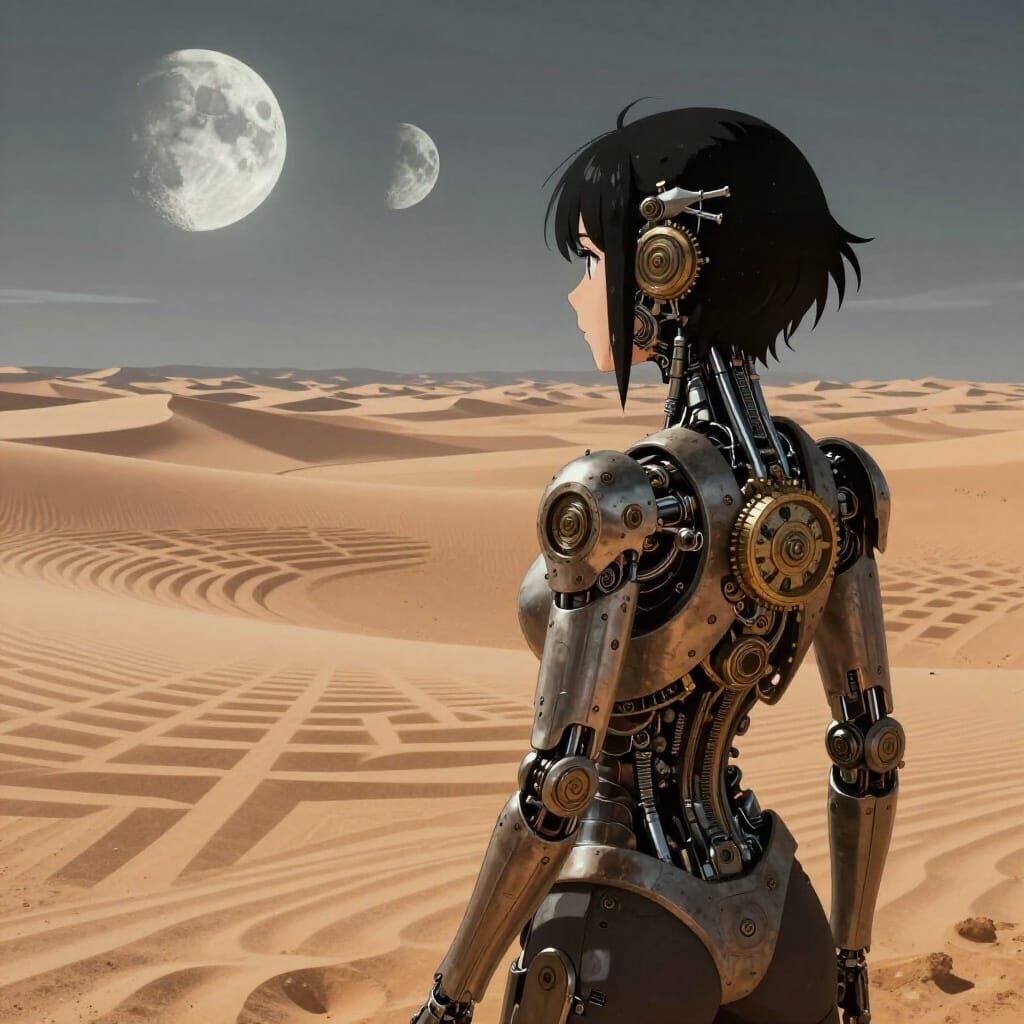 Steampunk Cyborg in Alien Desert Landscape