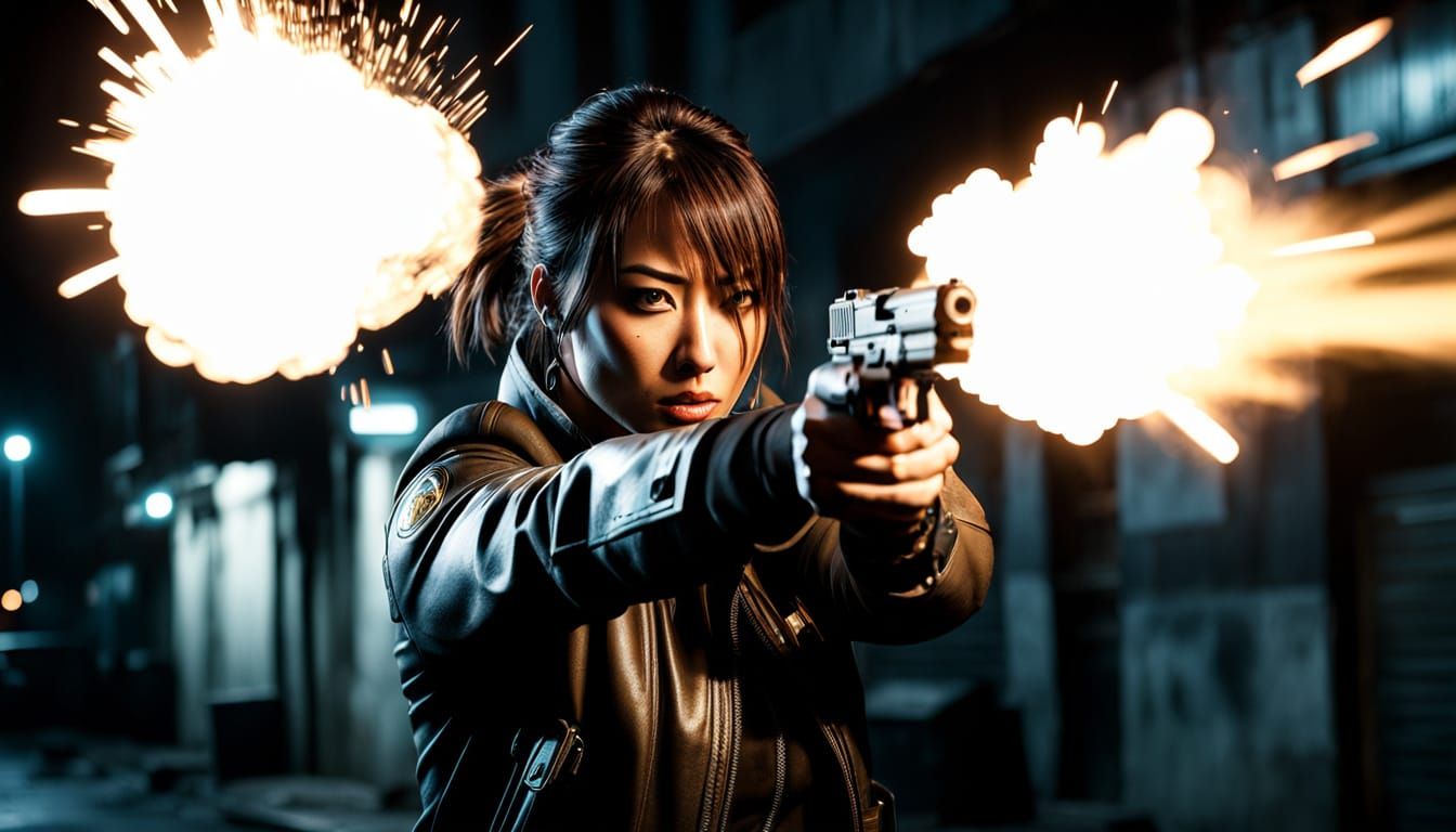 Hyperrealistic Action Scene with Gunfire and Ejected Casings