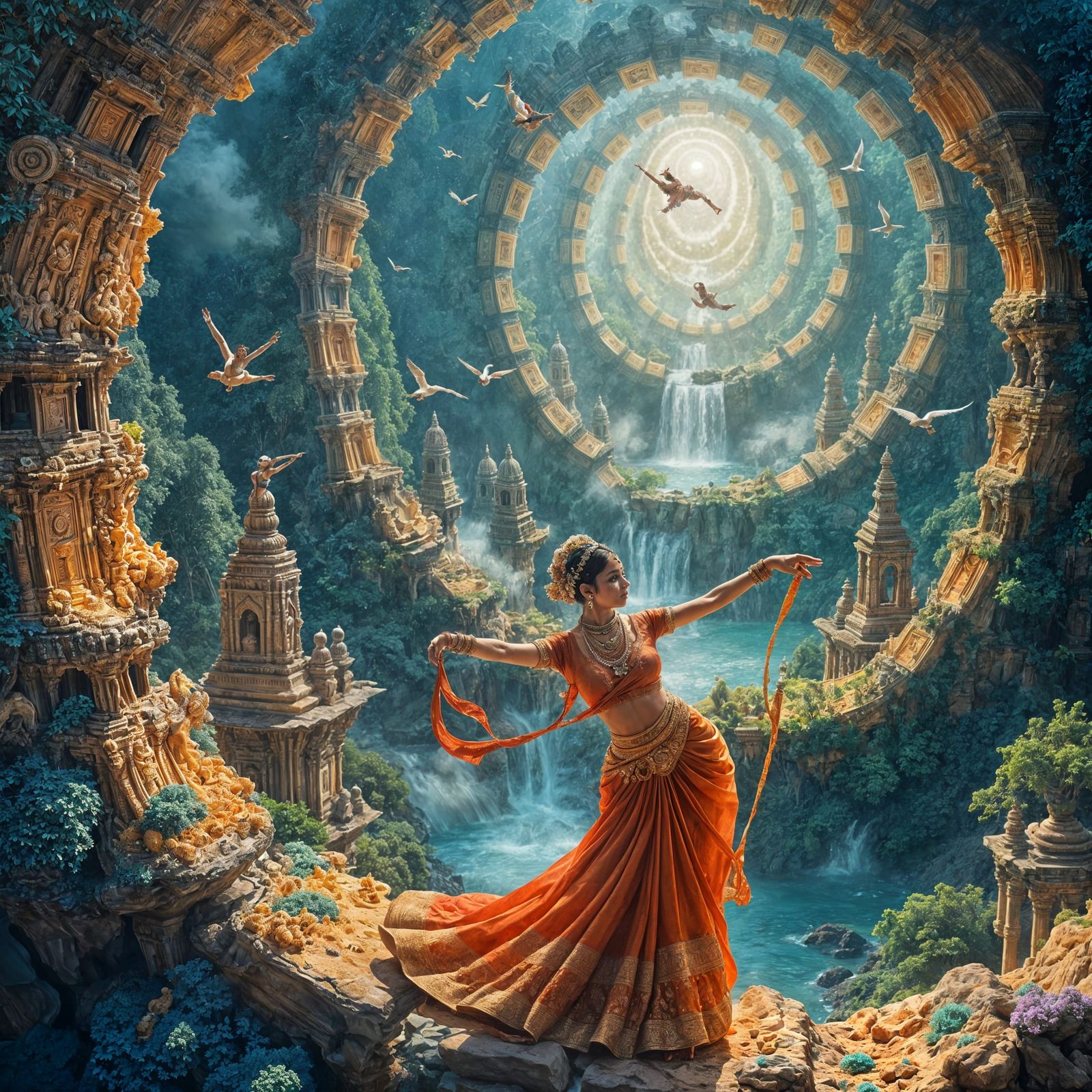 Bharatnatyam Dancer in Surreal Fractal Landscape