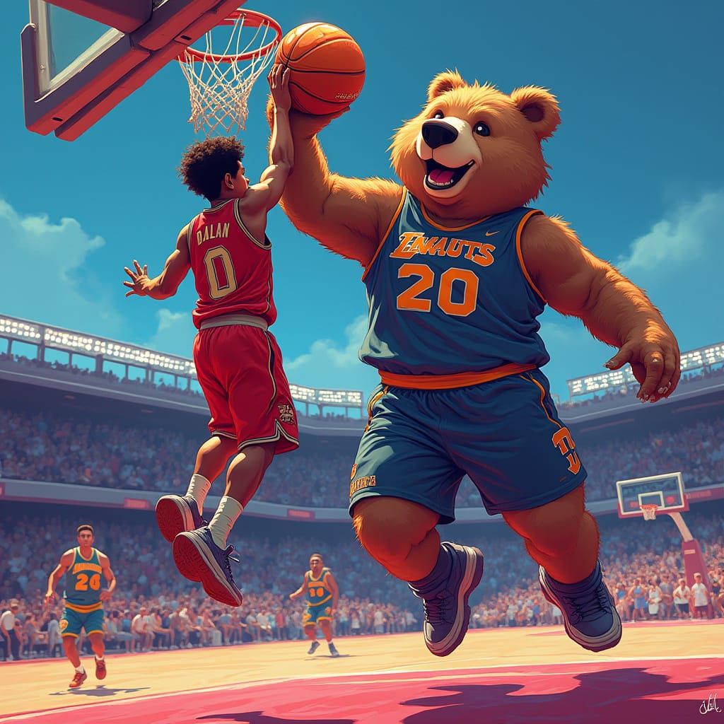 Basketball Player Dunks with a Bear in Digital Art