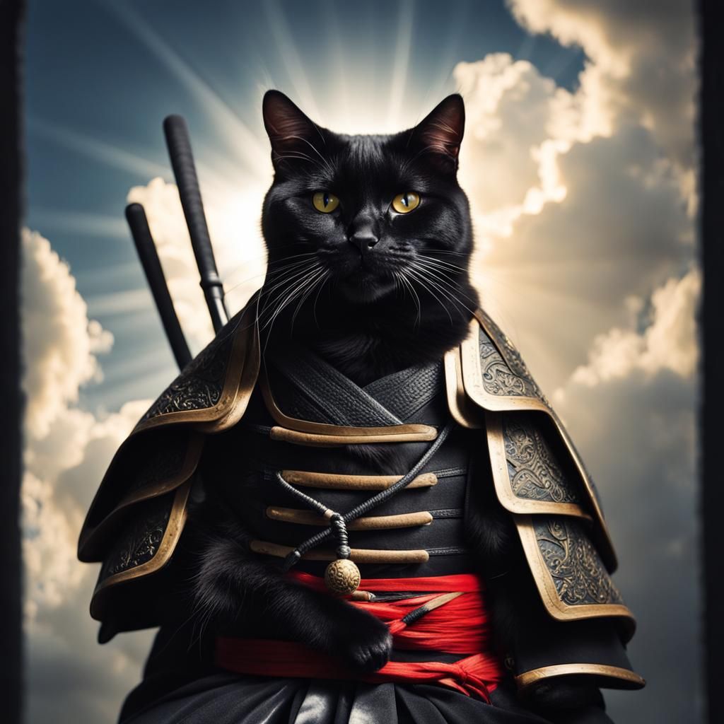 Samurai Black Cat Portrait in Divine Light