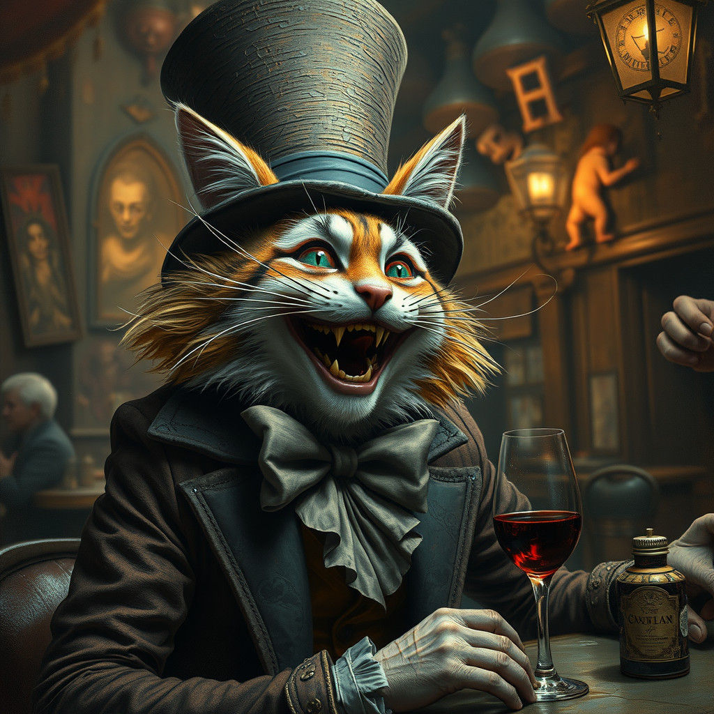 Laughing Cat in Mad Hatter Harlequin Style