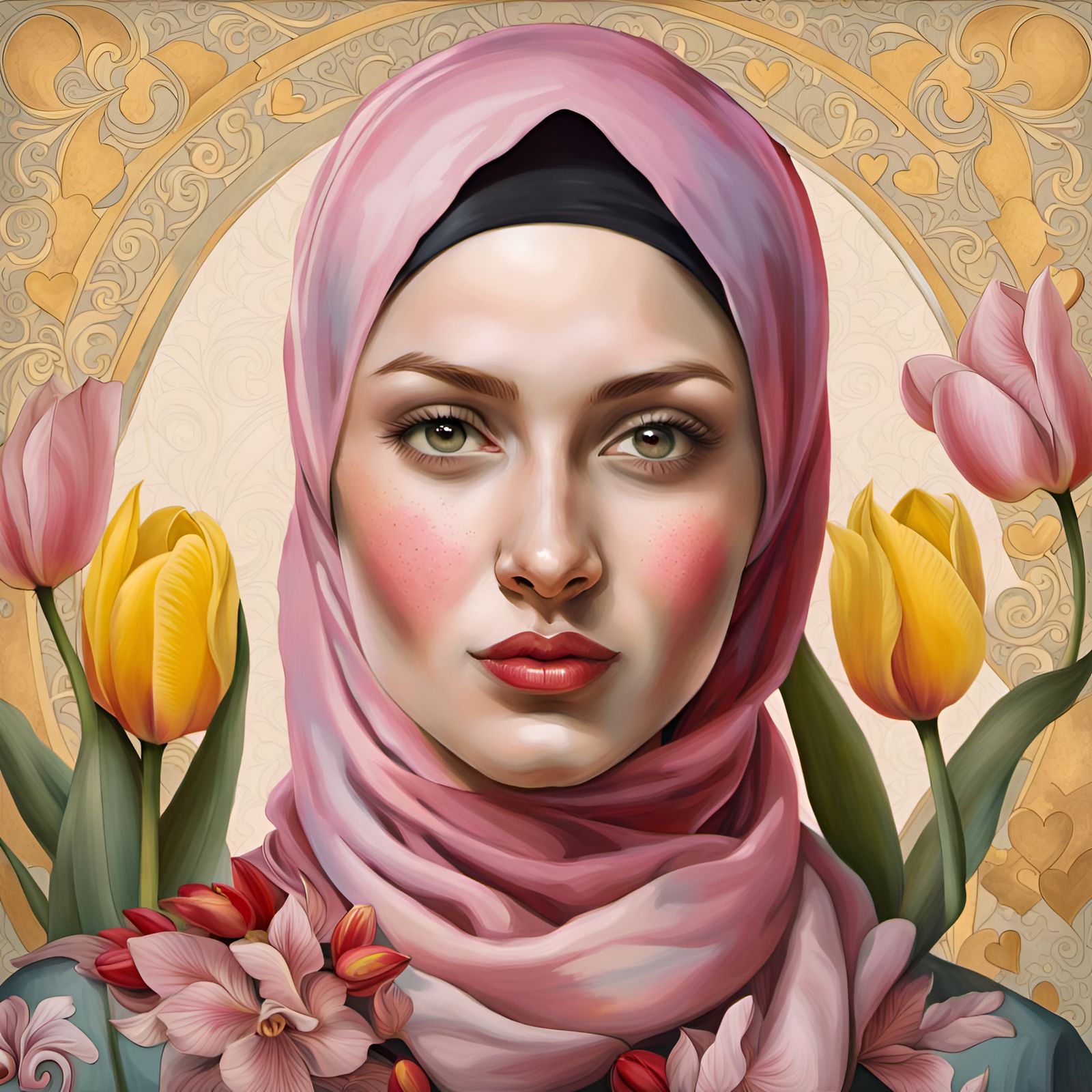 Scandinavian Woman with Flowers in Art Nouveau Style