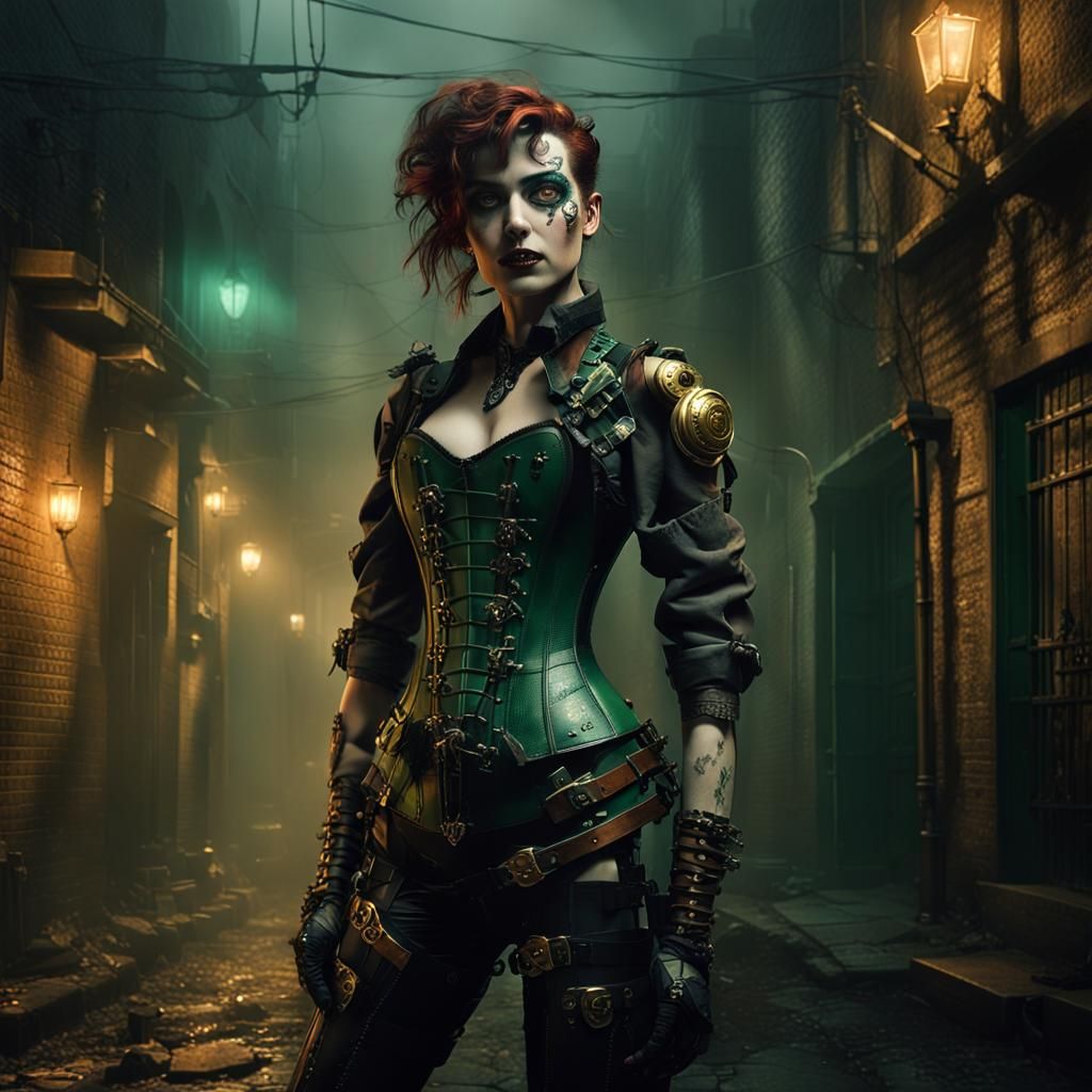 Biopunk Pinup with Cybernetic Limbs in Alleyway