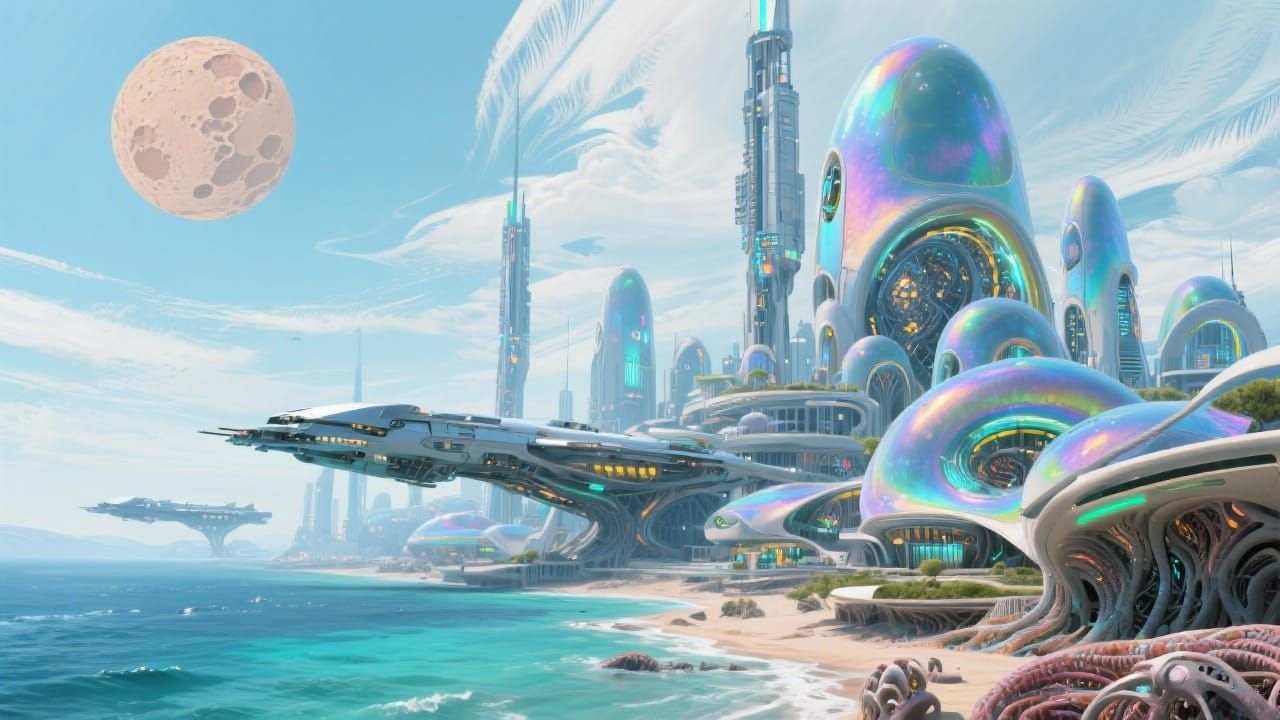 Futuristic Alien Cityscape with Spaceships