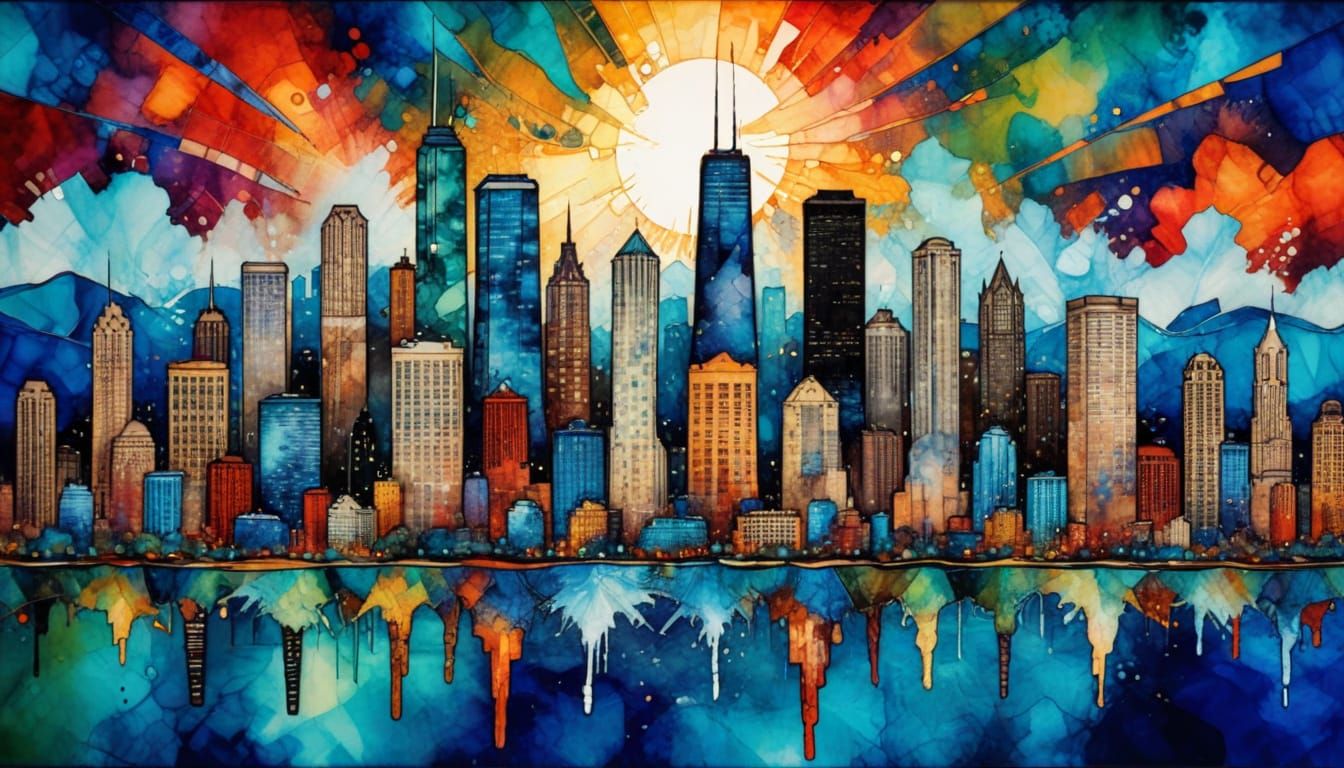 Chicago Cityscape in Alcohol Ink, Mosaic Style