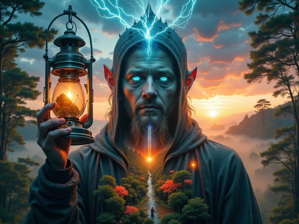 Man Holds Lantern With Miniature World Inside