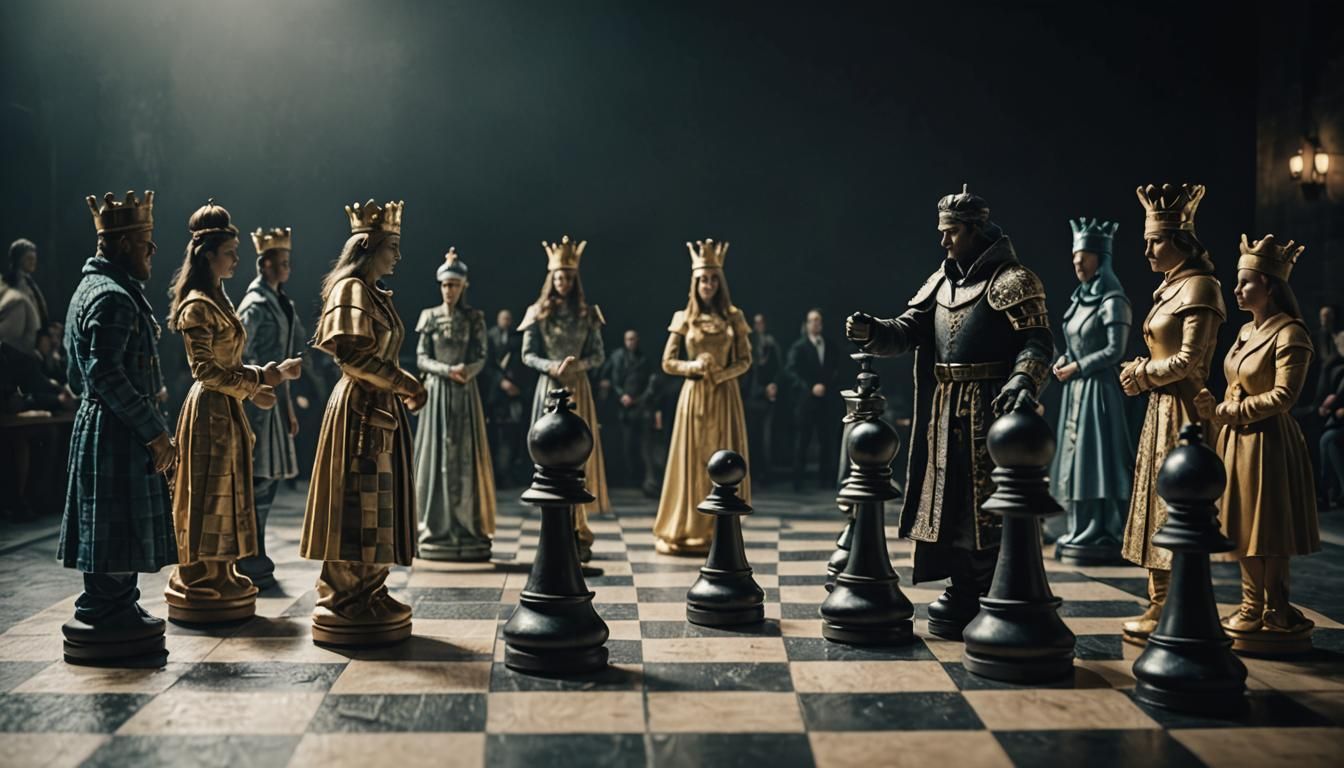 Live Human Chess Piece Figures on Chessboard