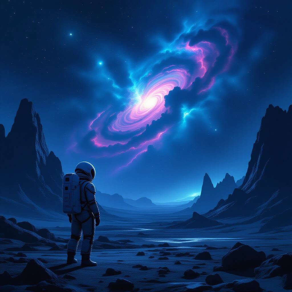 Astronaut Gazes at Bioluminescent Nebula on Alien World