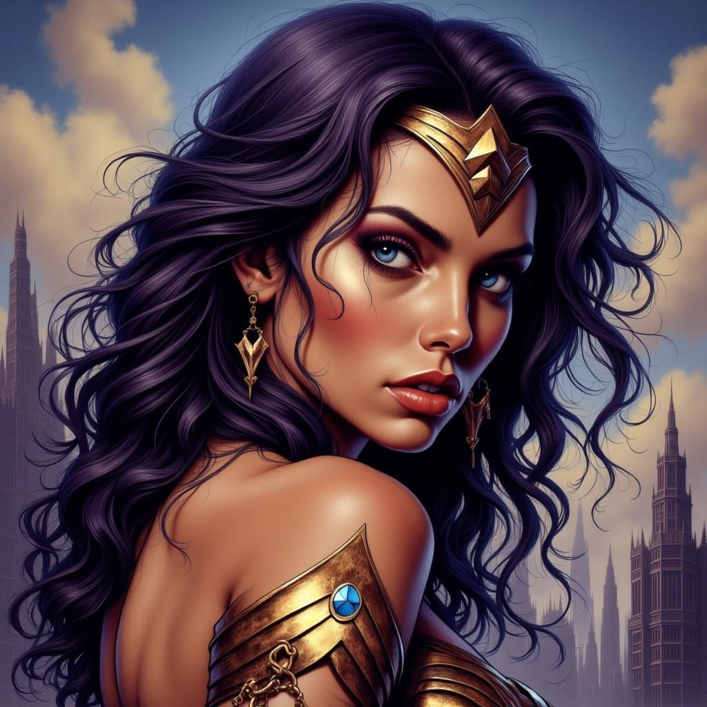 Wonder Woman in Sepia and Amber Hyper-Realistic Illustration