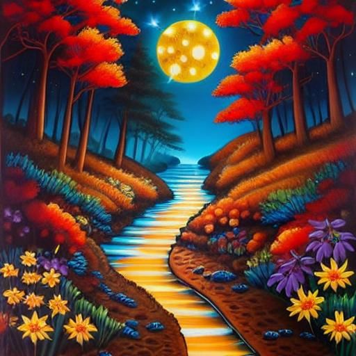 Bioluminescent Forest Stream: Fantasy Acrylic Painting