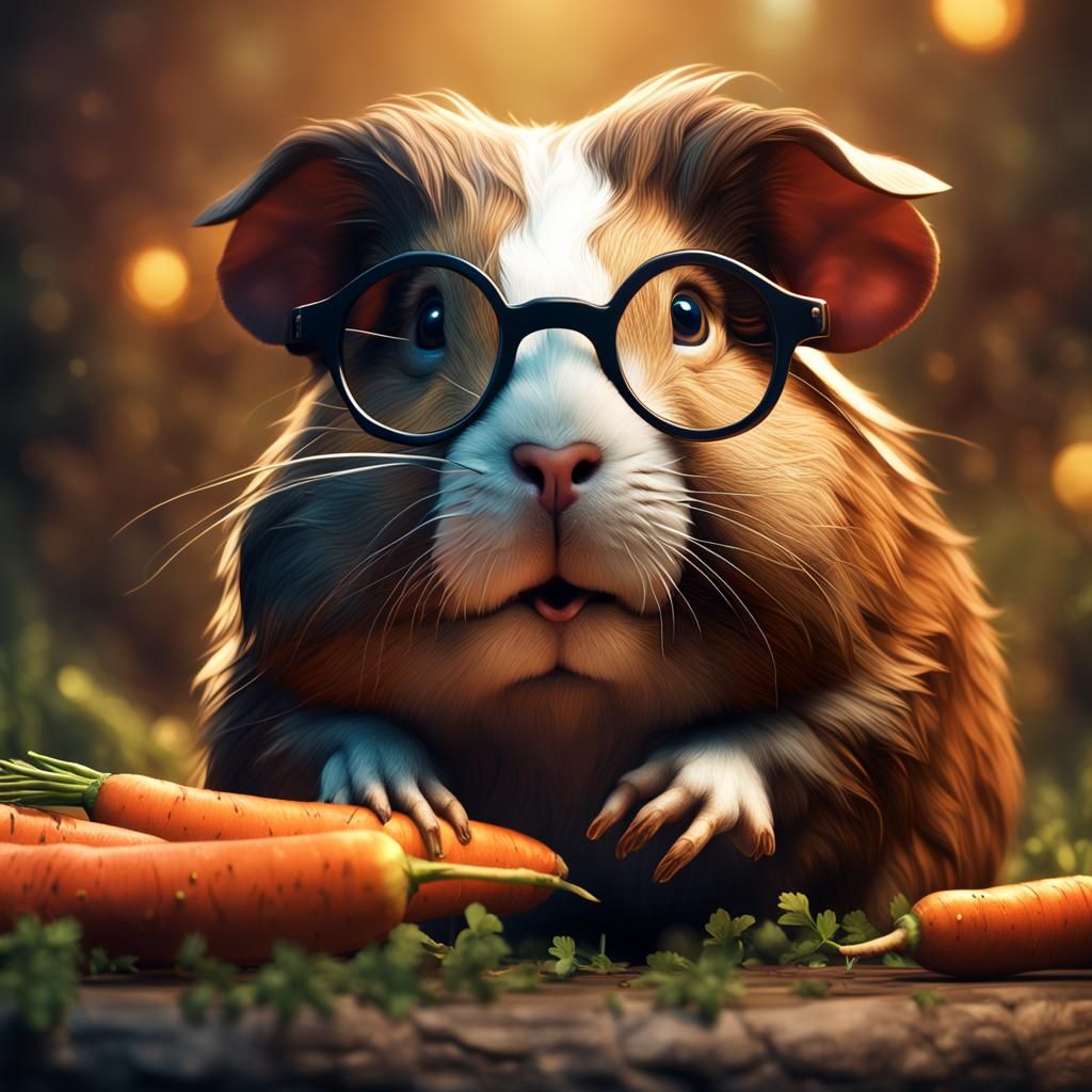 Guinea Pig with Glasses Eating Carrot: Detailed Matte Painti...