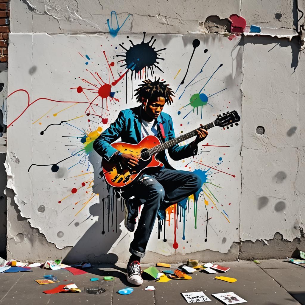 Street Musician Graffiti Art with Neon Splashes